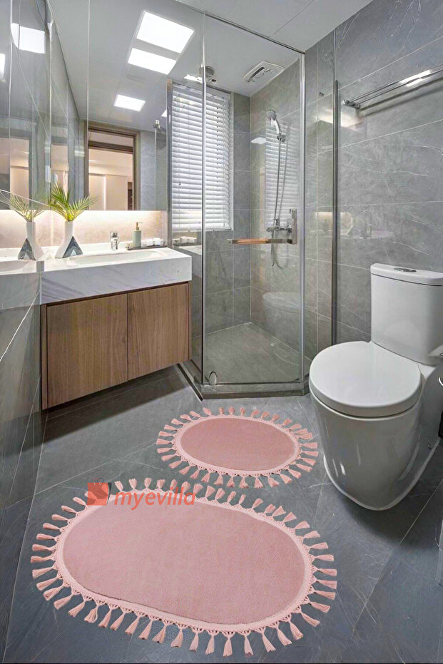 My Evilla Modern Simirna Decorative Plush Oval 60x100-50x60 Pompom Fringed Toilet Seat Set