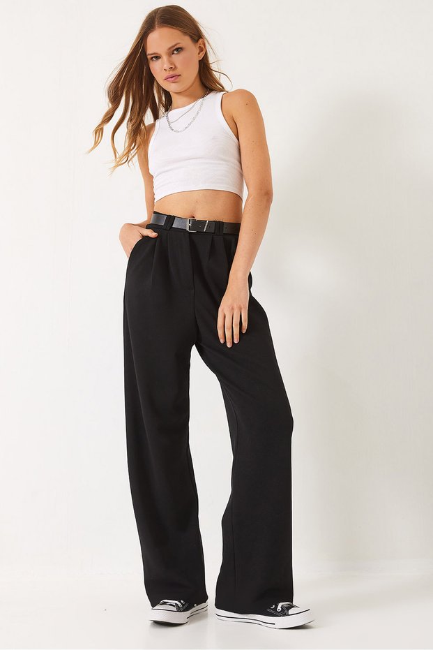 Women's Black Double Pleated Detailed Belted Knitted Trousers 3851 60261449