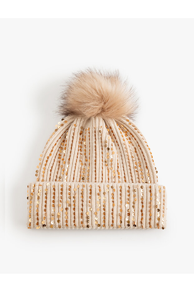 Knitted beanie with sequin and pom pom detail, layered