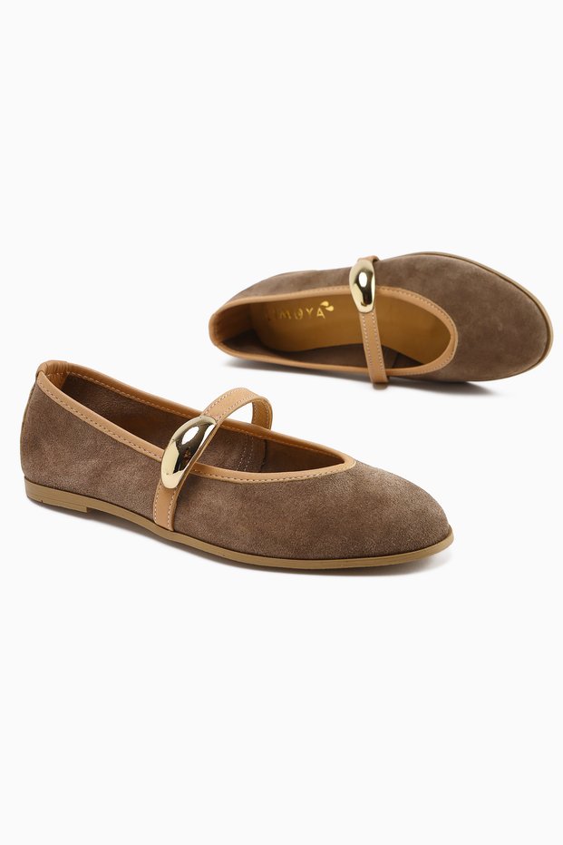 Genuine Leather Aliana Taupe Suede Buckle Detail Women's Ballet Flats