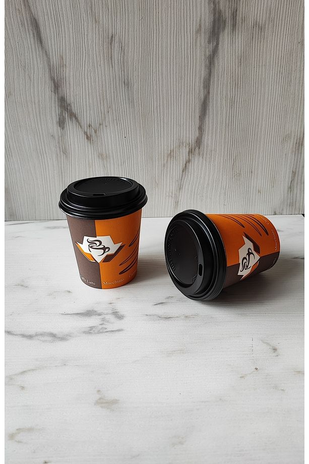 8 Oz Kapaklı Karton Bardak Latte Bardağı 100 Adet Bardak 100 Adet Kapak - 3