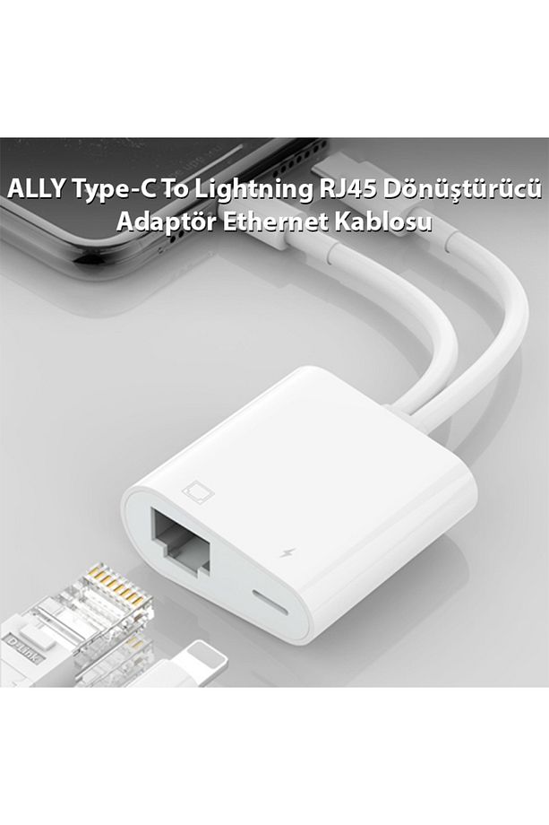 Type-C To Lightning RJ45 Dönüştürücü Adaptör Ethernet Kablosu BEYAZ - 2