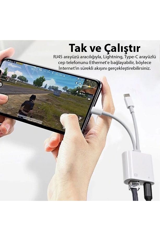 Type-C To Lightning RJ45 Dönüştürücü Adaptör Ethernet Kablosu BEYAZ - 3