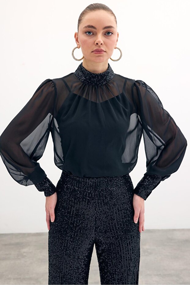 Payet Detaylı Bluz - Siyah - 3