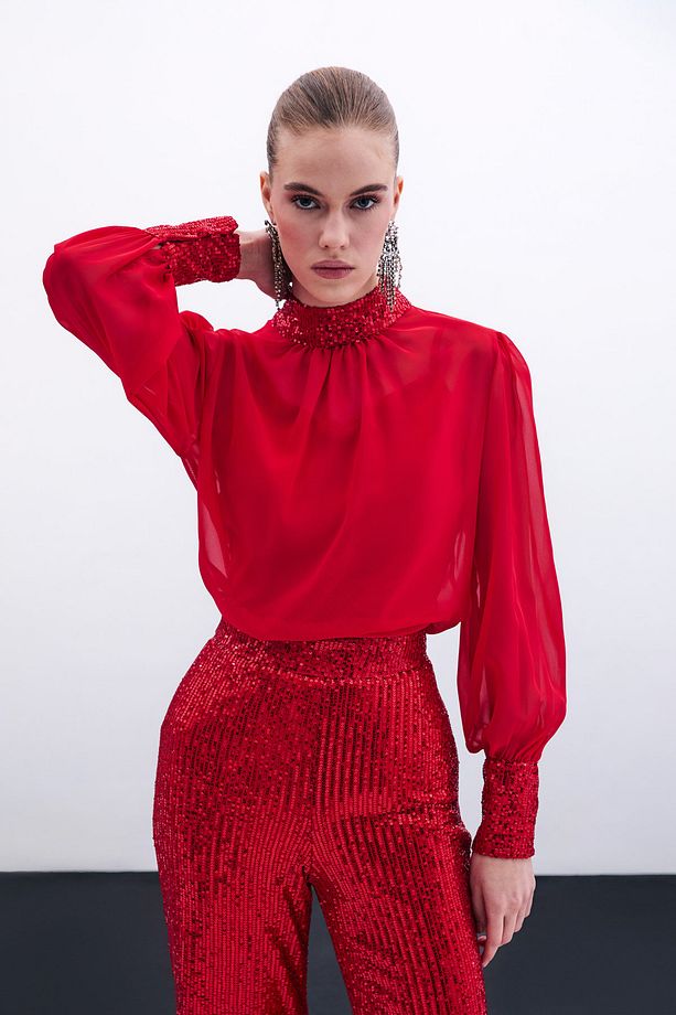 Payet Detaylı Bluz - Kırmızı - 3