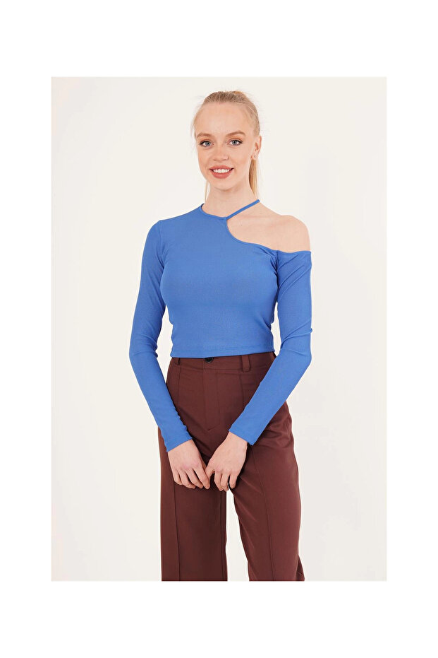 23254279 Camisole One Shoulder Neckline Drawstring Crop Blouse Blue