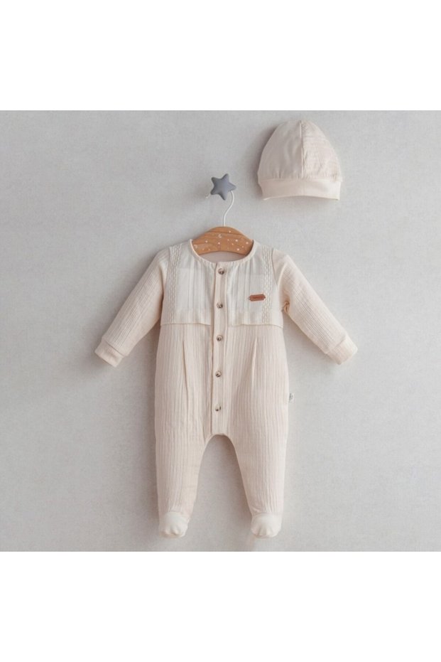 Baby Boy Ceremony Boy Jumpsuit and Hat Set Ecru Color 100% Cotton (0-6 Months)