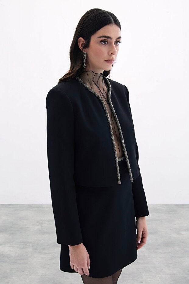 Beaded Short Jacket - Black - 5