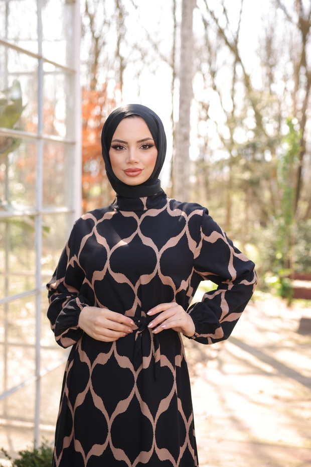 Women's Hijab Leaf Patterned Belted Viscose Dress