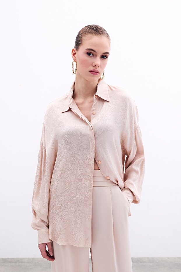 قميص فضفاض منقوش - بيج - 1