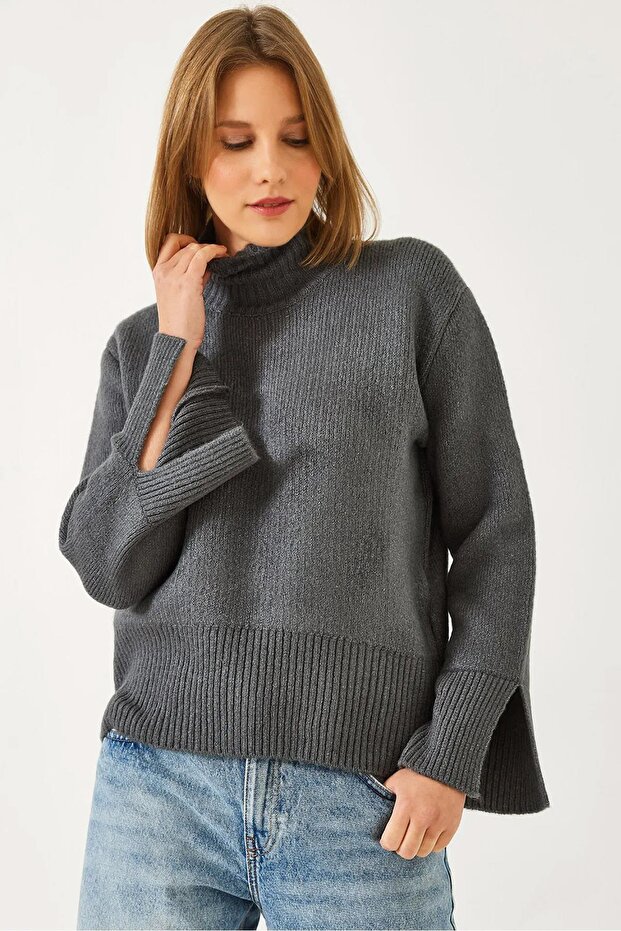 Women's Anthracite Half Turtleneck Sleeves Slit Knitwear Sweater