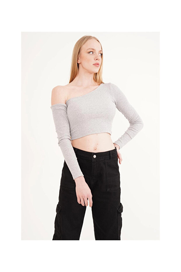 23254281 Ribbed Knit One-Shoulder Long Sleeve Blouse Gray