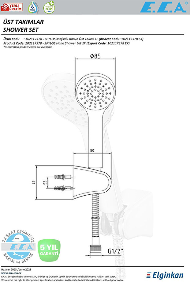 Spylos Banyo Duş Başlığı Tek Fonksiyonlu Mafsallı Banyo Üst Takım 102117378 - 4