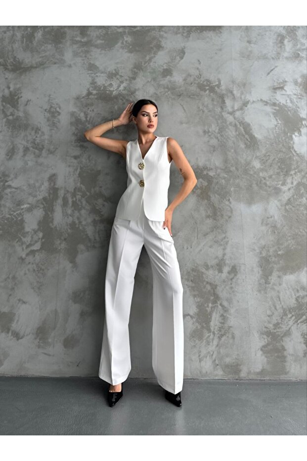 Women's Big Button Detailed Vest Pants Double Set
