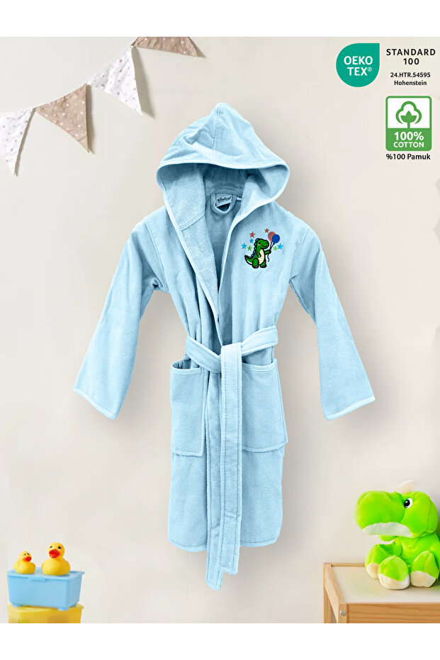 Children's Bathrobe 100% Cotton Certified, Velvet Outside, Towel Inside, Absorbent and Soft - Dinosaur Blue