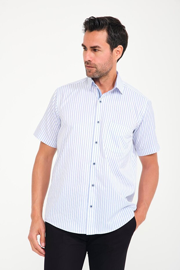 Classic Short Sleeve Thick Striped Gift Boxed Men's Shirt Fs-000702 - White Light Blue