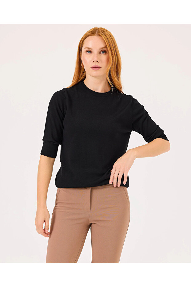 Sıfır Yaka Bel Boy Triko Bluz - 3