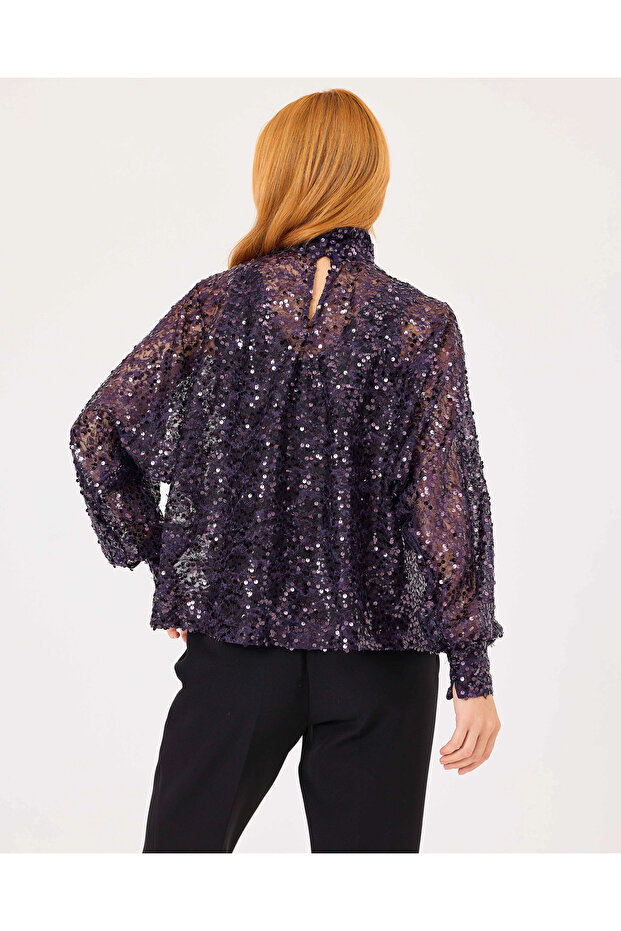 Dik Yaka Payetli Şık Bluz - 4