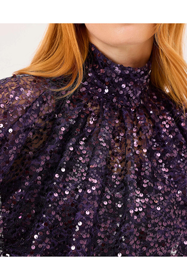 Dik Yaka Payetli Şık Bluz - 5