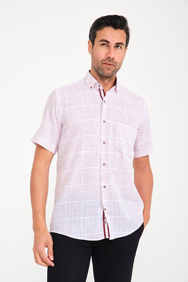 Classic Short Sleeve Large Square Flam Linen Buttoned Collar Gift Boxed Men's Shirt Fs-000714 - White Bord