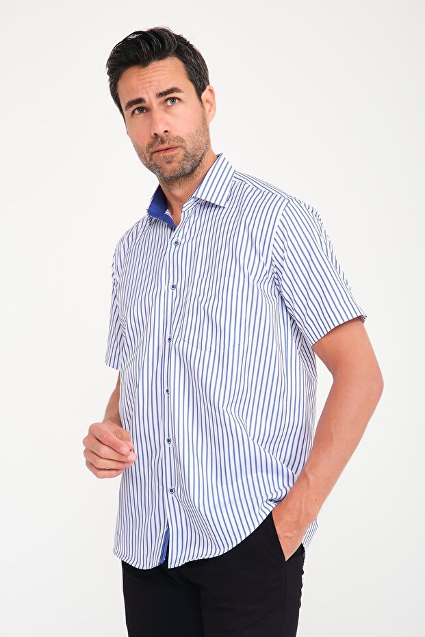 Classic Short Sleeve Thick Striped Gift Boxed Men's Shirt Fs-000702 - White Cobalt Blue