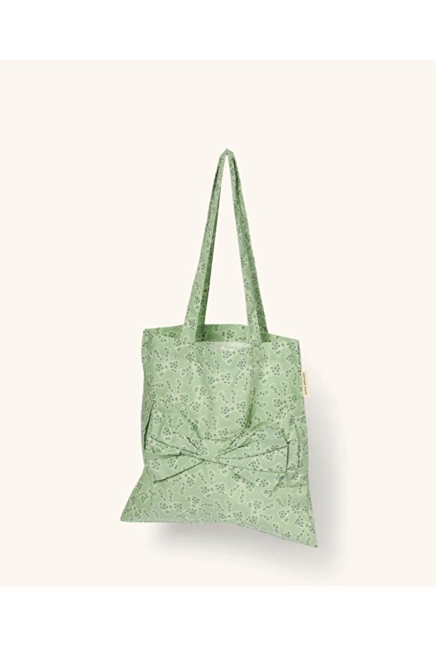 Green Flower Patterned Organic Cotton Fabric Bag with Bow Detail
