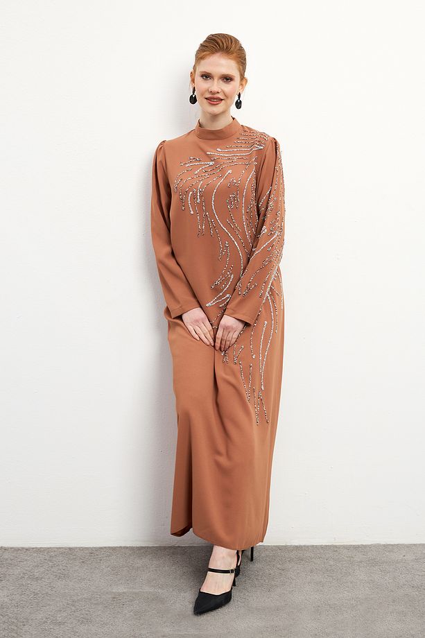 Zeren Taş İşlemeli Abiye - Camel - 1