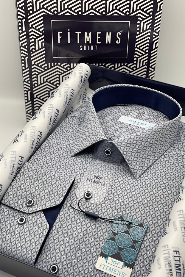 Classic Long Sleeve Diamond Pattern Jacquard Men's Shirt with Gift Box Fs-001366 - Navy Blue