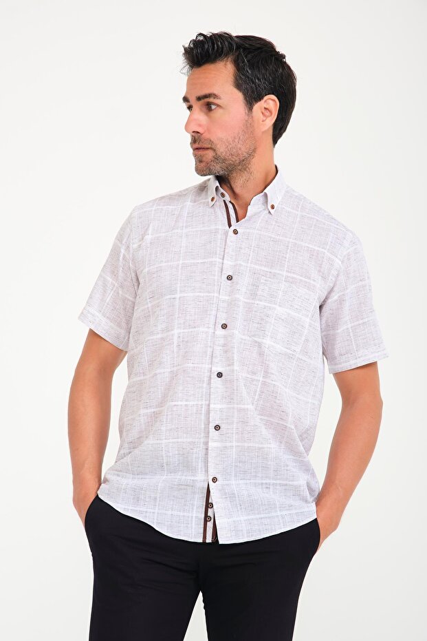 Classic Short Sleeve Big Square Flam Linen Button-Down Collar Gift Boxed Men's Shirt Fs-000714 - Beige