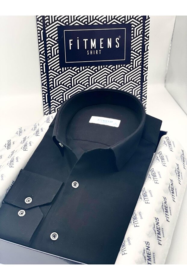 Classic Long Sleeve Linen Men's Pocketless Gift Boxed Shirt Fs-003044 - Black