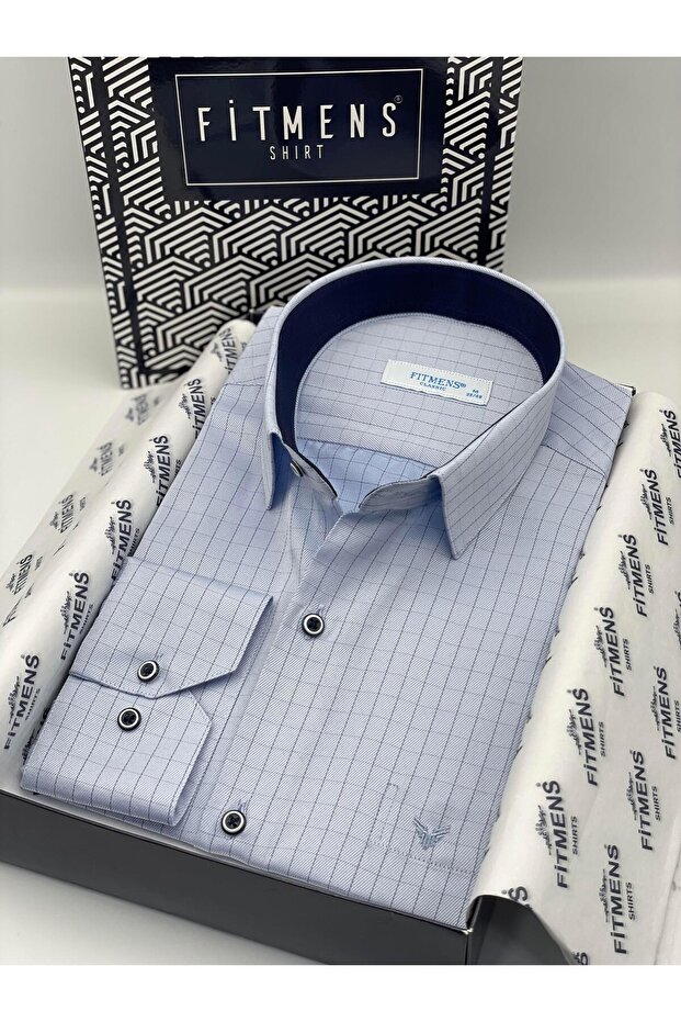 Classic Long Sleeve Square Striped Gift Boxed Men's Shirt Fs-002153 - Blue