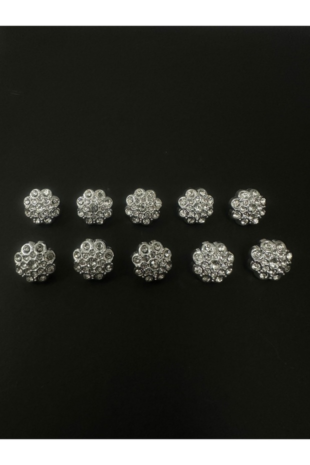 Polnet Button Gümüş Taşlı Metalize Abiye Düğme 10 Adet. - 1