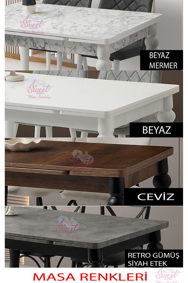 Yanlardan Açılır Yakamoz Masa Siyah Mermer  Topkapı Ayak 4 Adet Berna Sandalye - 3