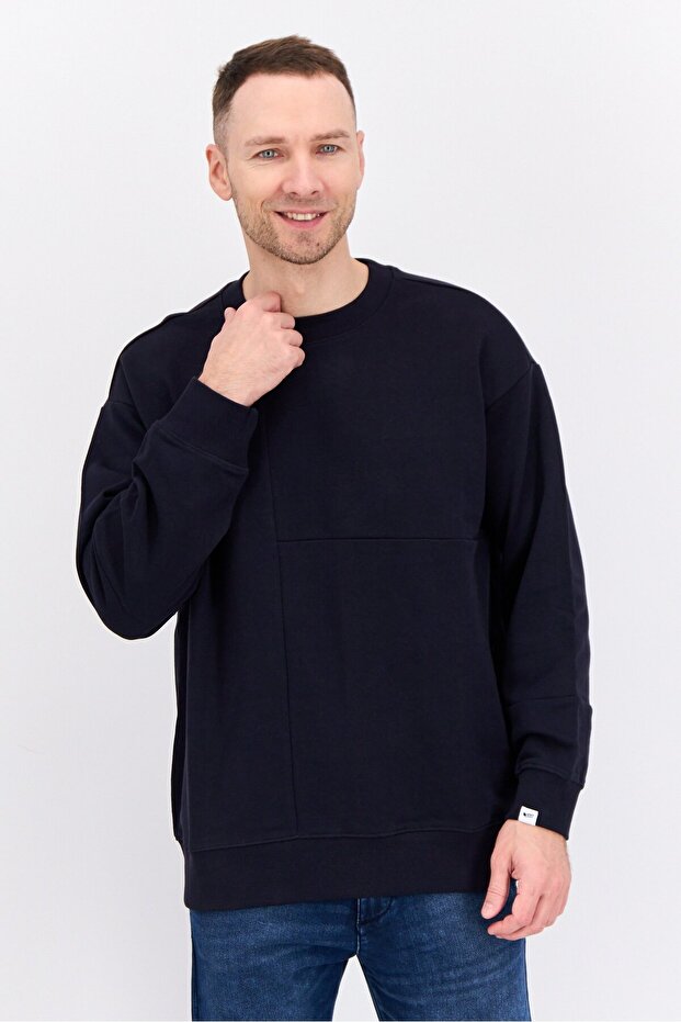 Men Crew Neck Plain Long Sleeves Sweatshirt, Navy