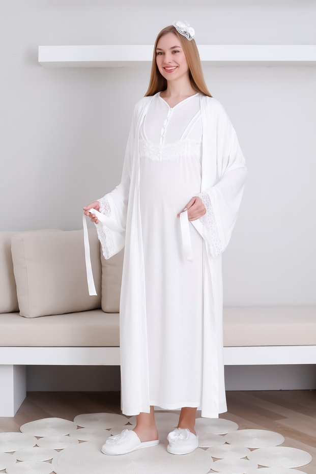 Maternity Nightgown Suit Front Buttoned 2 Pieces Nightdress & Dressing Gown Set Short Sleeve Nightdress & Long Sleeve Dressing Gown
