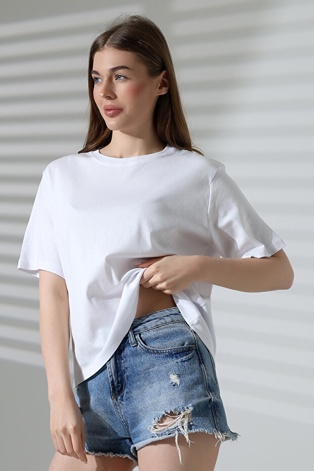 100% Cotton Ribbed Fabric Crew Neck Short Sleeve Oversize Basic Plain Women's T-Shirt 21964 White