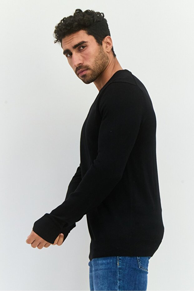 سترة رجالية سادة برقبة دائرية، أسود - 2