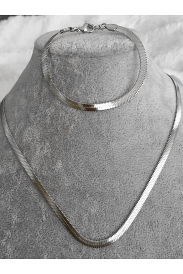 Italian Flat Snake Model Stainless Steel Necklace and Bracelet Set Scb25S