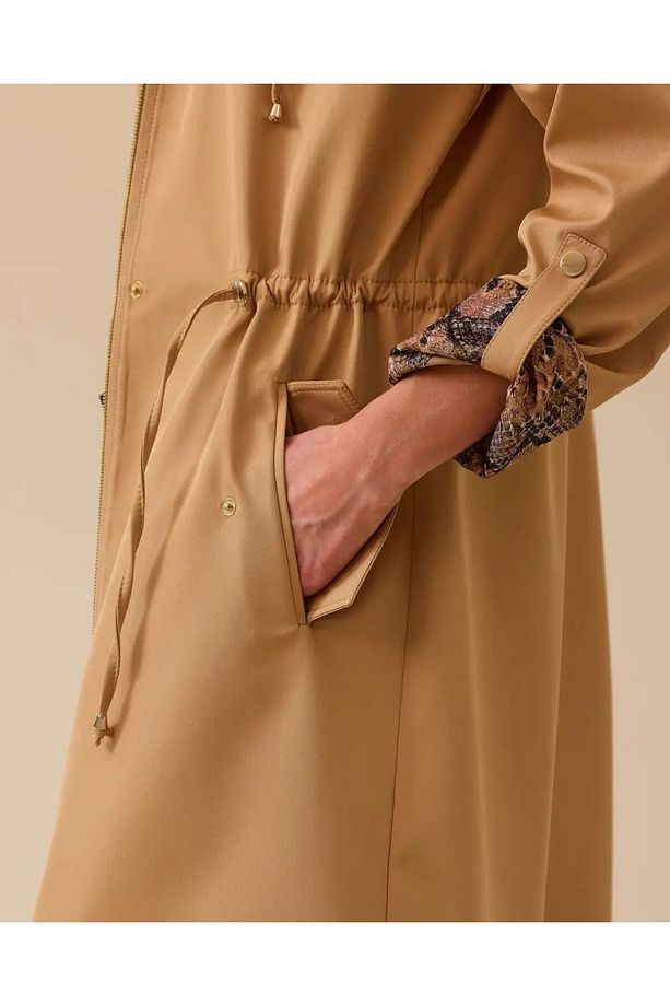 Leopar Desenli İç Astarlı Kapüşonlu Trençkot-CAMEL - 38 - 2