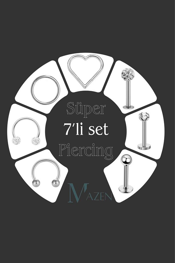7 Farklı Model Cerrahi Çelik Set Piercing 8 mm - 1