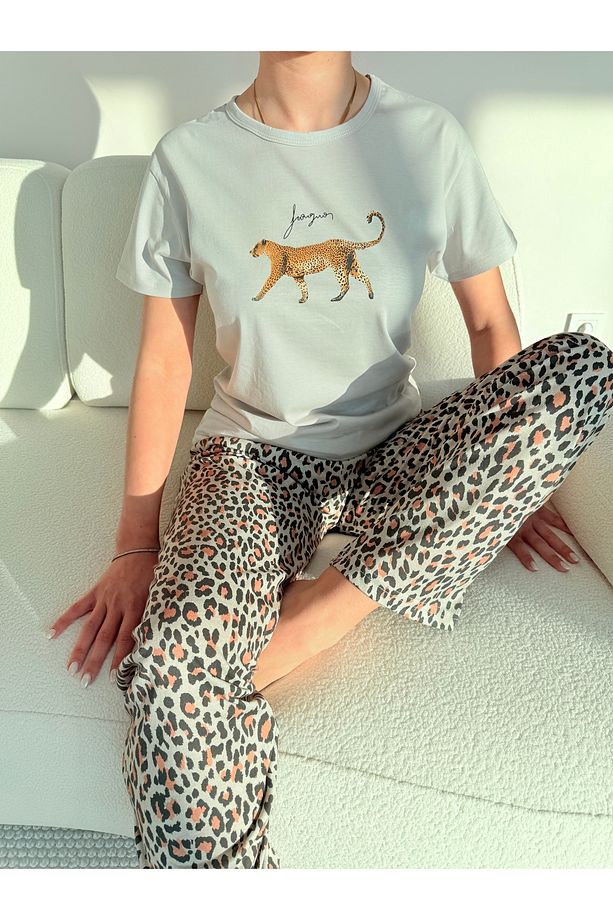 Leopar Desenli Pamuklu Kısa Kol Örme Pijama Takımı - 3