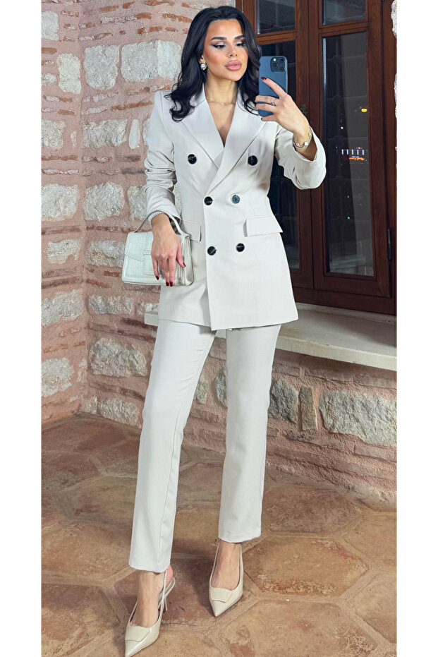 Women's Classic Long Jacket Pants Set Stone