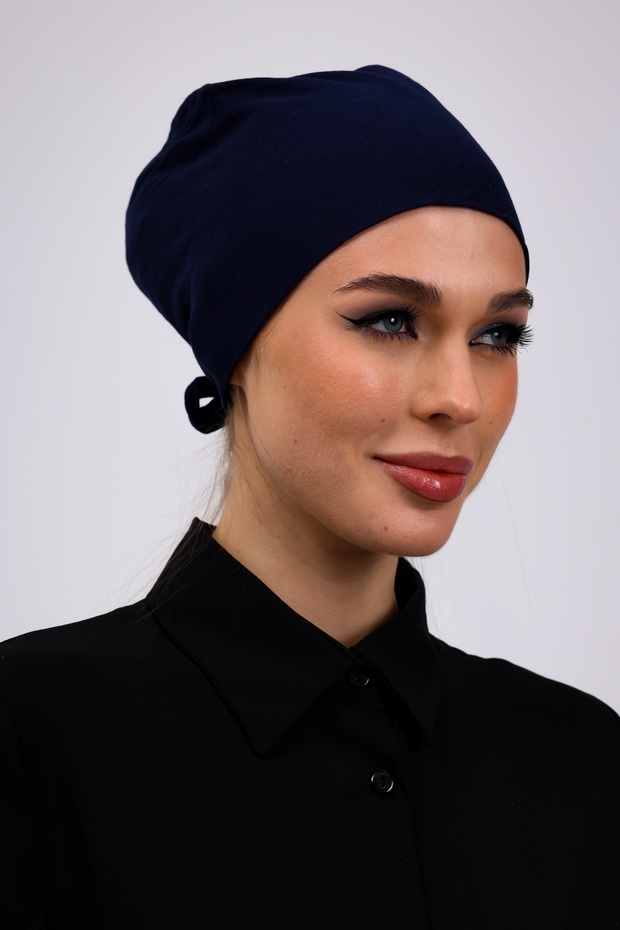 Plain Seamless Combed Cotton Bonnet Navy Blue - Women's Hijab Tie Underwear Bonnet