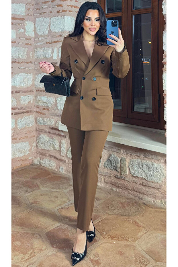 Women's Classic Long Jacket Pants Suit Coffee