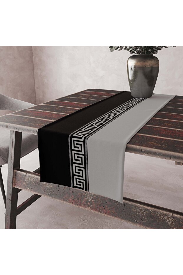 Modern Black Gray Maze Patterned Gift Luxury Decorative Velvet Runner Tablecloth 45X100 cm