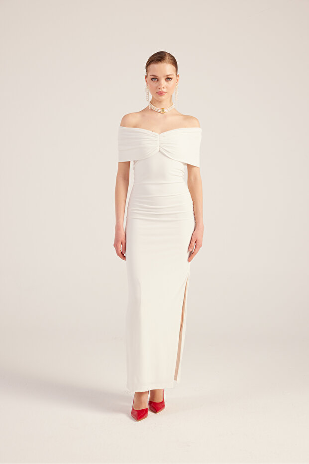 Madonna Collar Slit Long Lilac Dress White