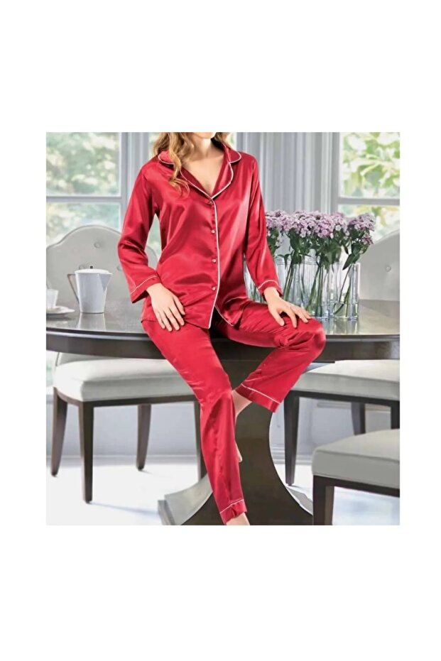 Women's Red Front Buttoned Satin Pajama Set N.İ.L.R.O.Z2.E.0.L.4.T.5.T.T