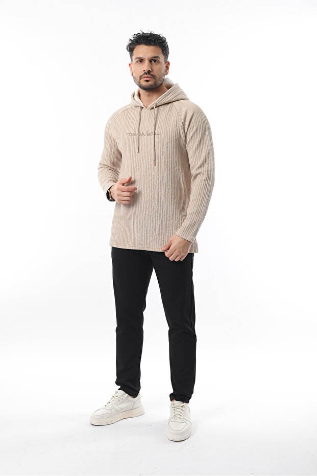 Erkek Önü Nakışlı Şık ve Rahat Basic Relax Regular Fit Kapüşonlu Basic Triko Kazak - 3