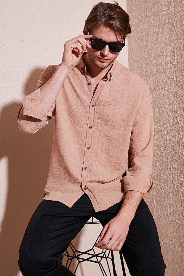 Regular Fit Long Sleeve Button Collar Shirt Men's Shirt Cf25S 116777