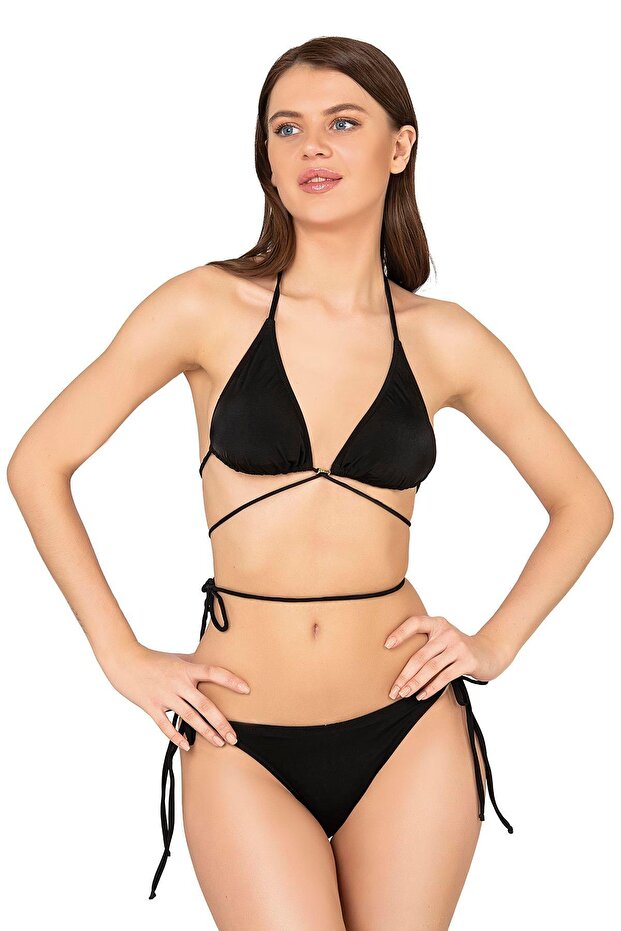 Beria Women's Cross Tie Detailed Triangle String Black Bikini Set